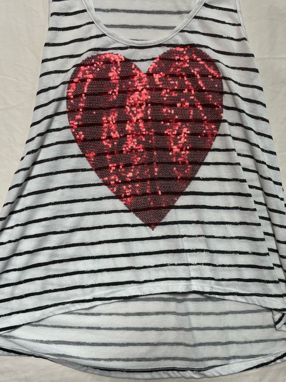 Striped White Tank Top with Red Sequin Heart